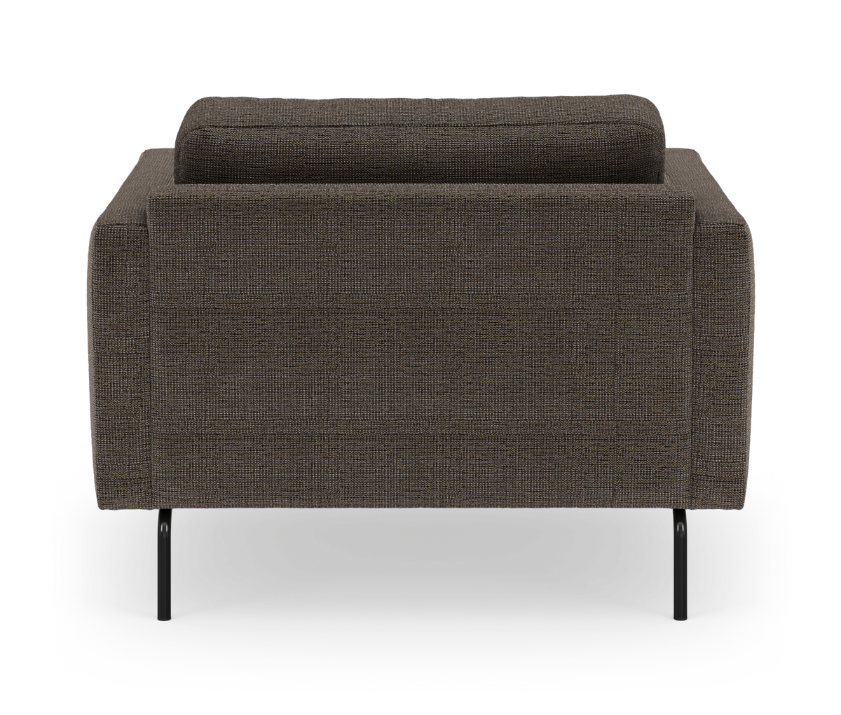 Brun stofsofa set bagfra på hvid baggrund.