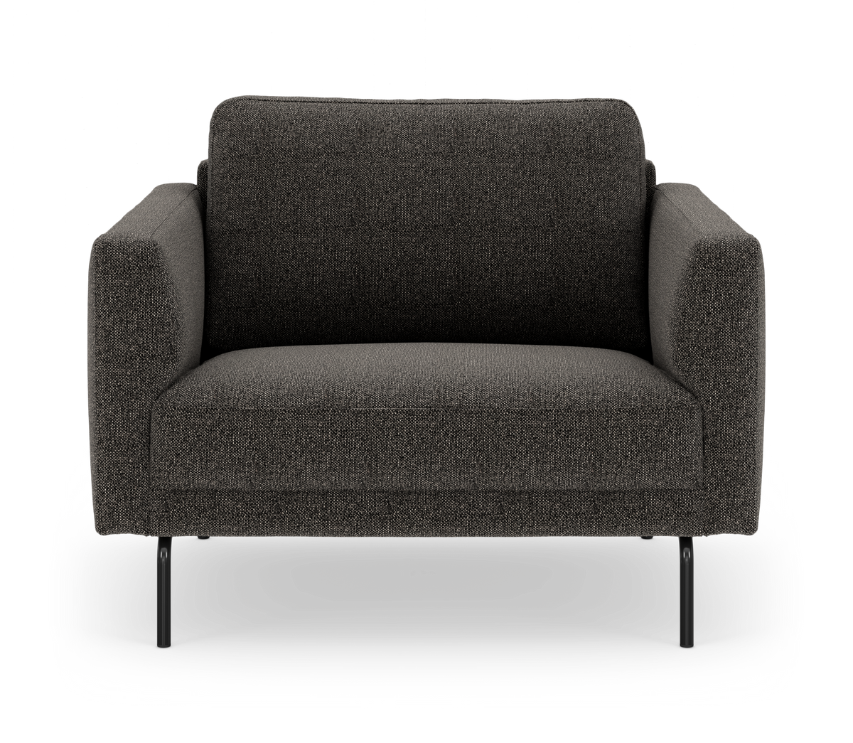 Mørkegrå 2-personers sofa med slanke sorte ben, frontvisning på hvid baggrund.
