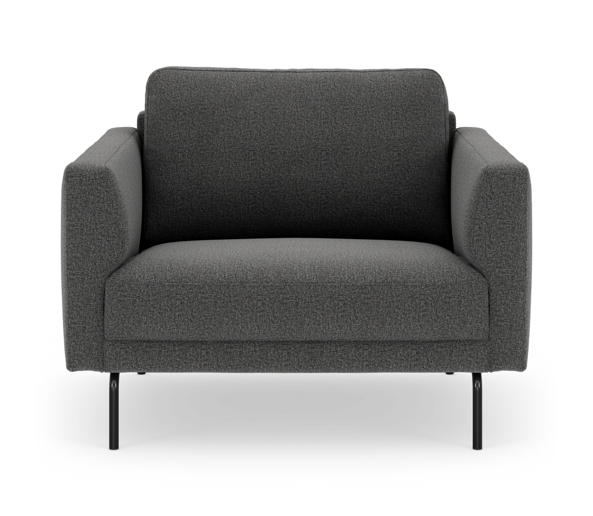 Mørkegrå 2-personers sofa med tekstilbetræk og slanke sorte ben, frontvisning.