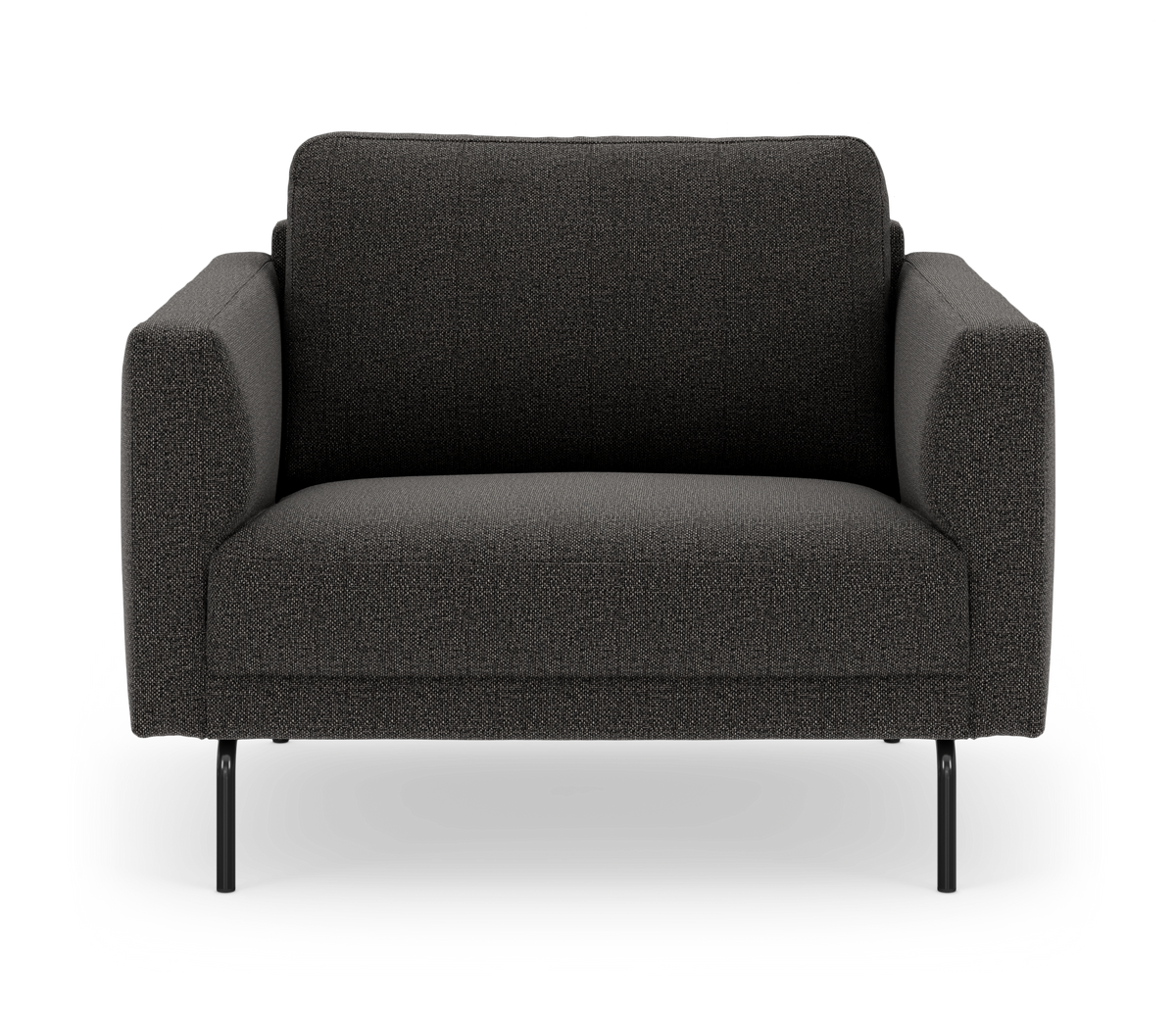 Mørkegrå 2-personers stofsofa på slanke sorte ben, frilagt mod hvid baggrund i frontvisning.