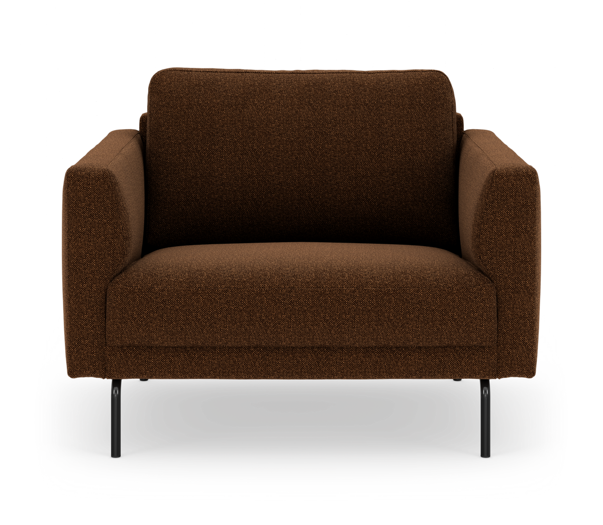 Brun 2-personers stofsofa med afrundede armlæn og sorte metalben, frilagt mod hvid baggrund.