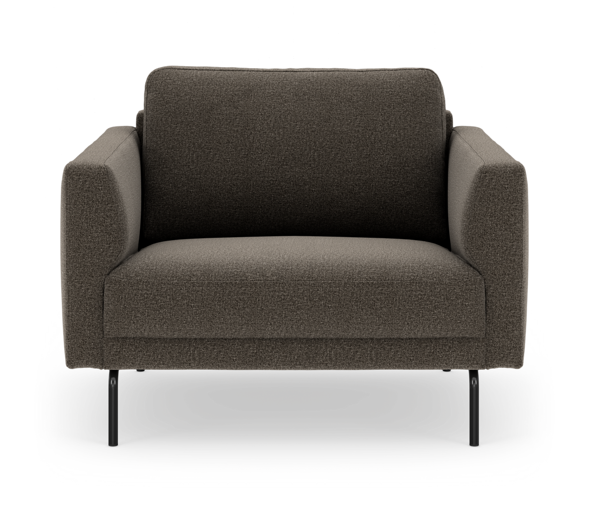 Mørkebrun 2-personers sofa i tekstil med bløde former og slanke sorte ben, set forfra.