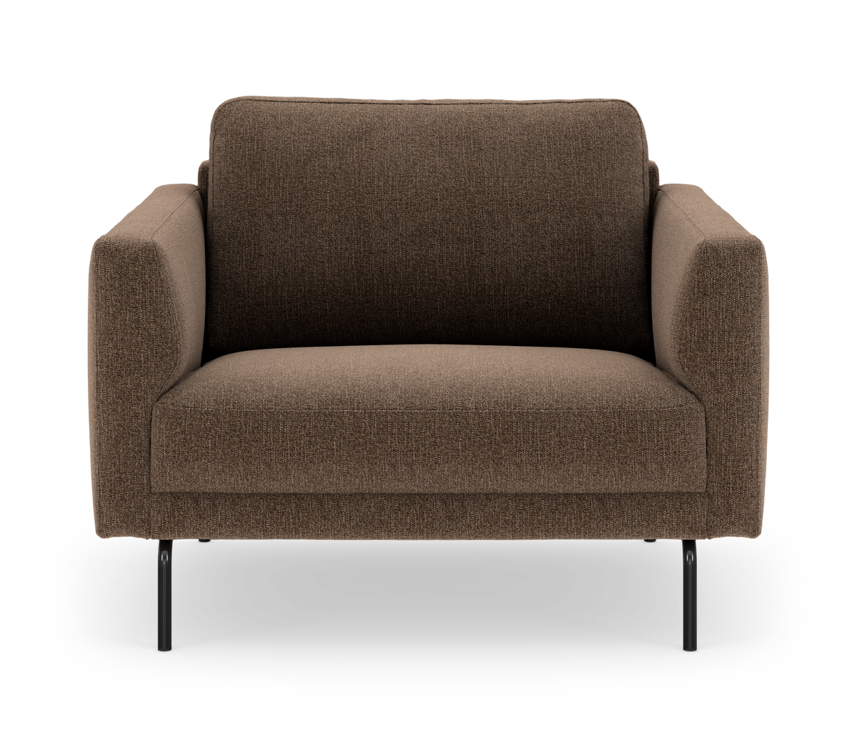 Brun stofsofa med sorte metalben set forfra, fritlagt på hvid baggrund.