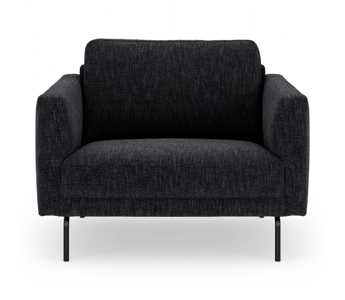 Mørkegrå stofsofa med slanke metalben, frontvisning på hvid baggrund.