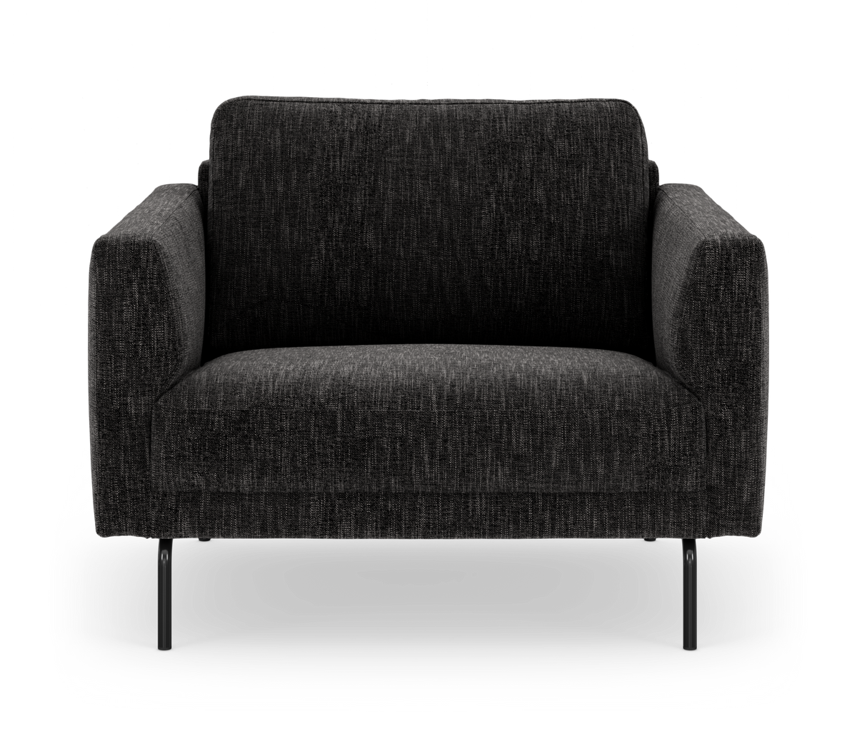 Mørkegrå stofsofa (kompakt 2-personers/loveseat) med slanke sorte metalben, frontvisning på frilagt baggrund.