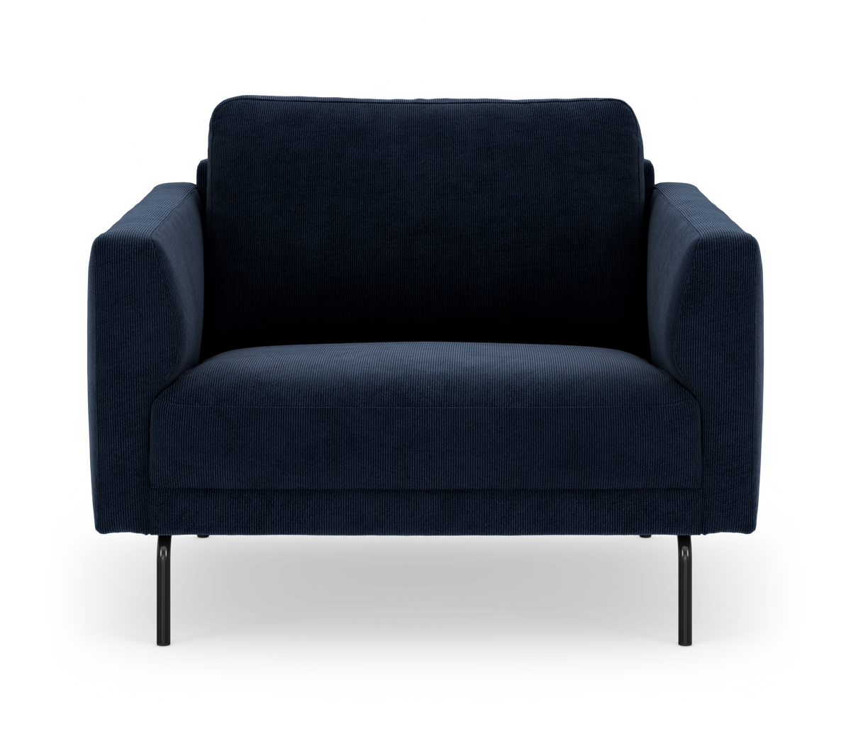 Mørkeblå 2-personers sofa i fløjl/cord med slanke sorte ben, fotograferet lige forfra mod hvid baggrund.