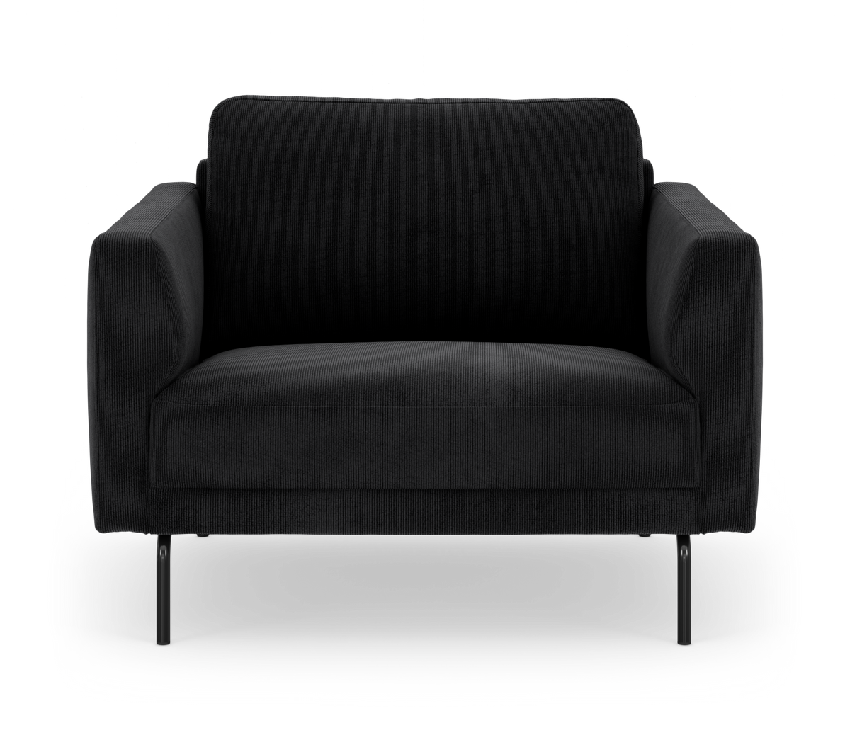 Sort to-personers sofa med slanke metalben, set lige forfra på hvid baggrund.