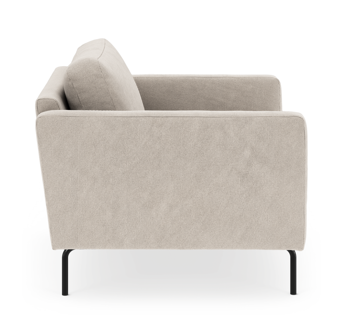 Beigefarvet sofa i riflet stof, sideview med sorte metalben.