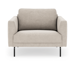 Beige lænestol med sorte metalben set direkte forfra.