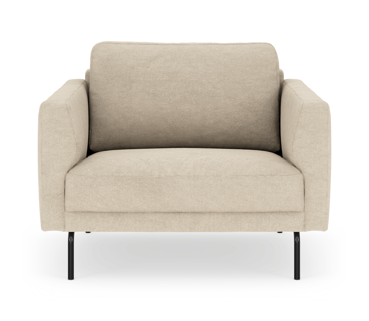Beige 2-personers lænestol/sofastol med sorte metalben, frontvisning på hvid baggrund.