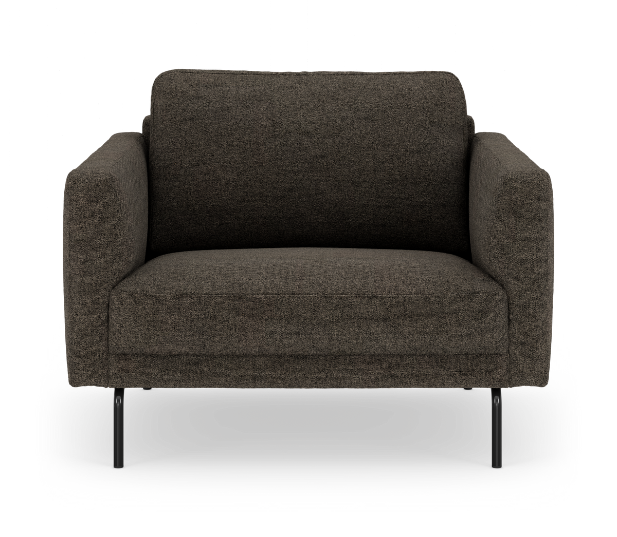 Mørkebrun 2-personers stofsofa med slanke sorte metalben, fritlagt mod hvid baggrund, set lige forfra.