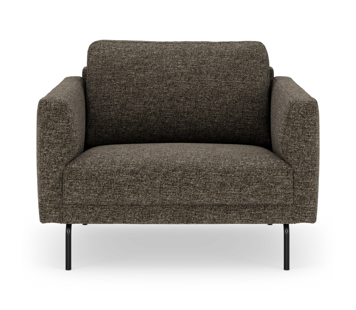 Mørkebrun 2-personers stofsofa med slanke sorte ben, fotograferet forfra på hvid baggrund.