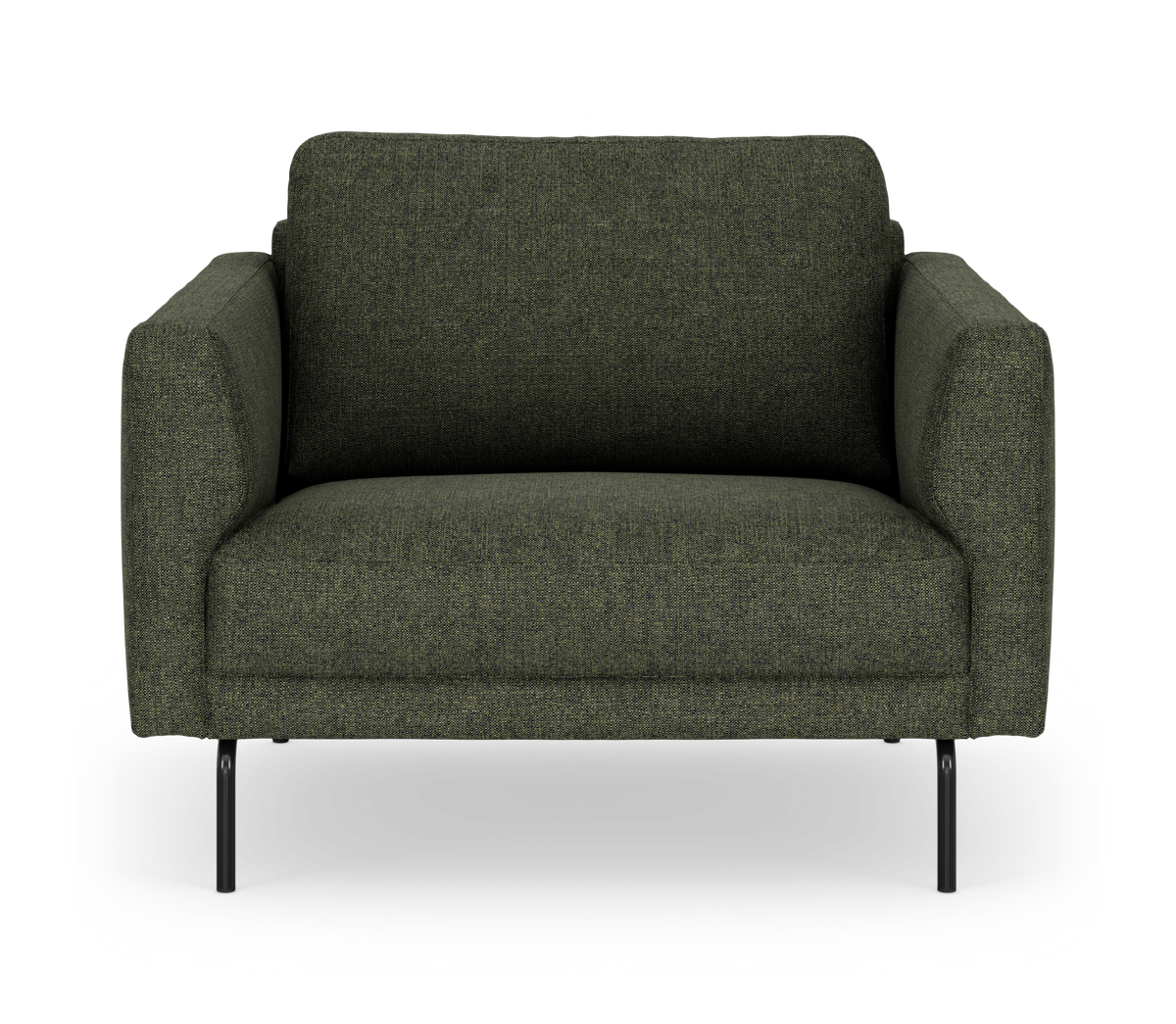 Mørkegrøn 2-personers sofa med sorte metalben, frontvisning på hvid baggrund.