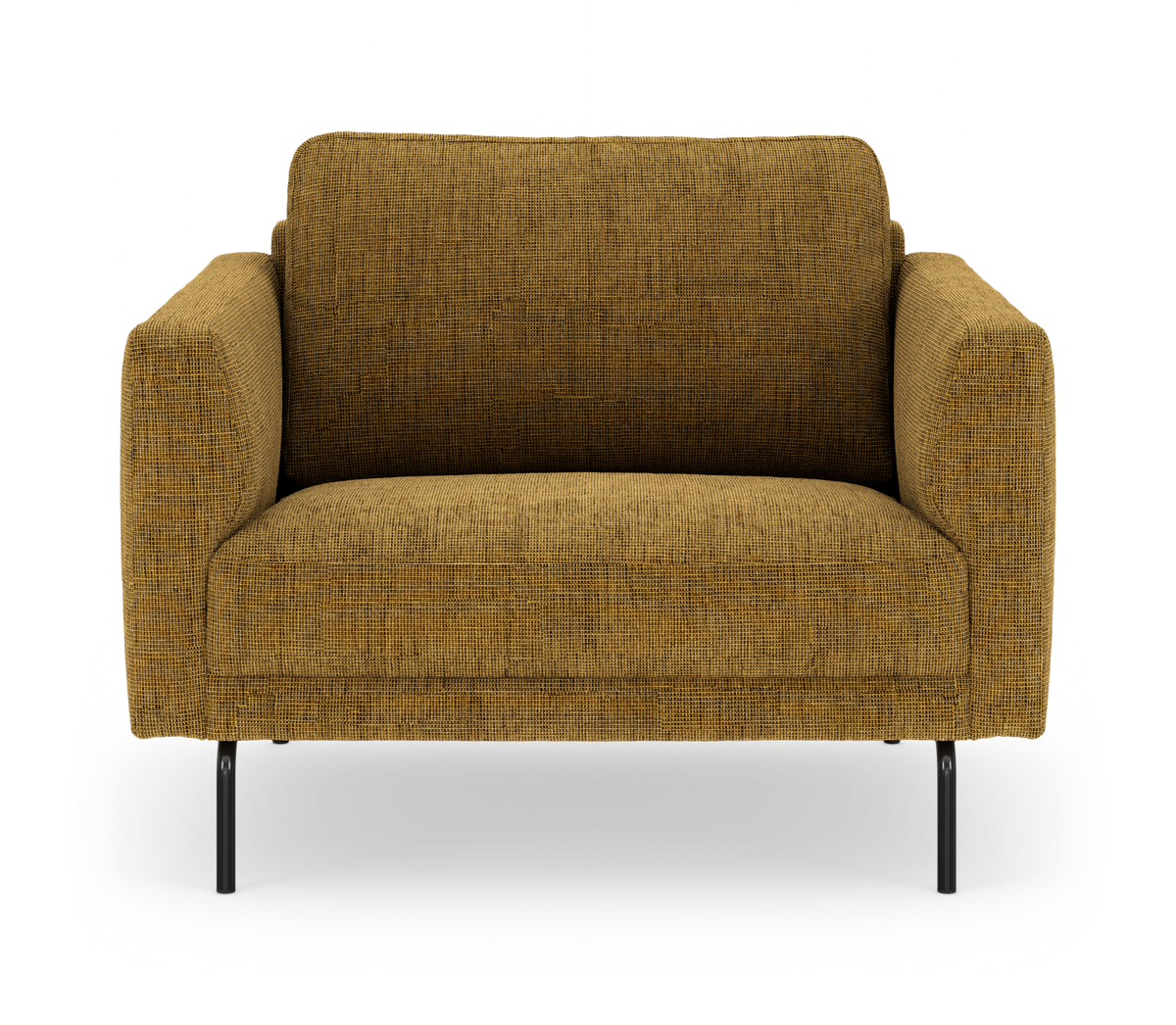 Sennepsgul 2-personers sofa i tekstureret stof med sorte metalben, frontvisning.