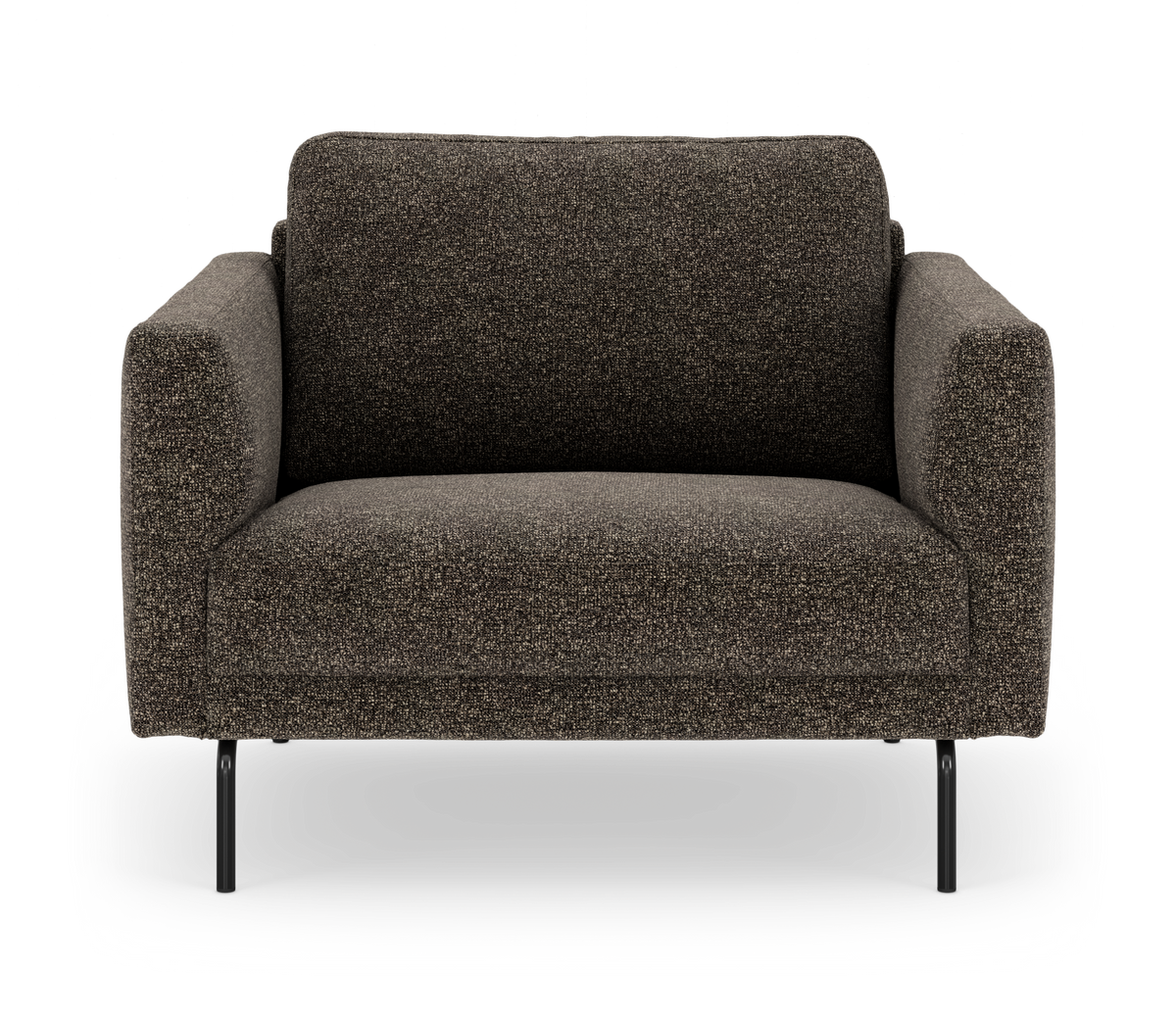Mørkebrun kompakt sofa med stofbetræk og slanke sorte metalben, set forfra.