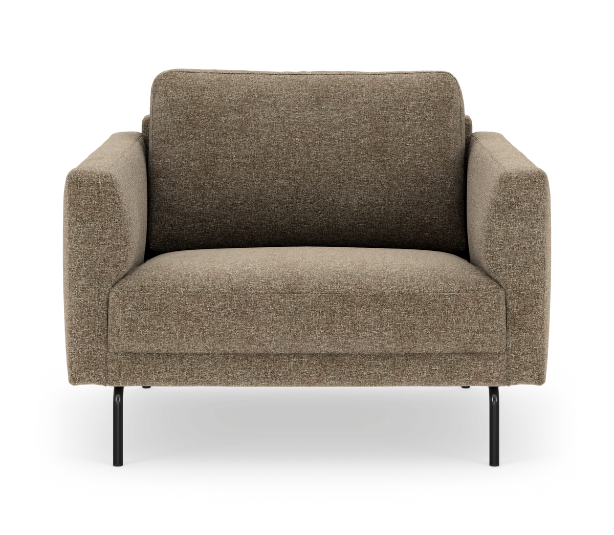 Brunbeige stofsofa med lige armlæn og slanke sorte metalben, set forfra.
