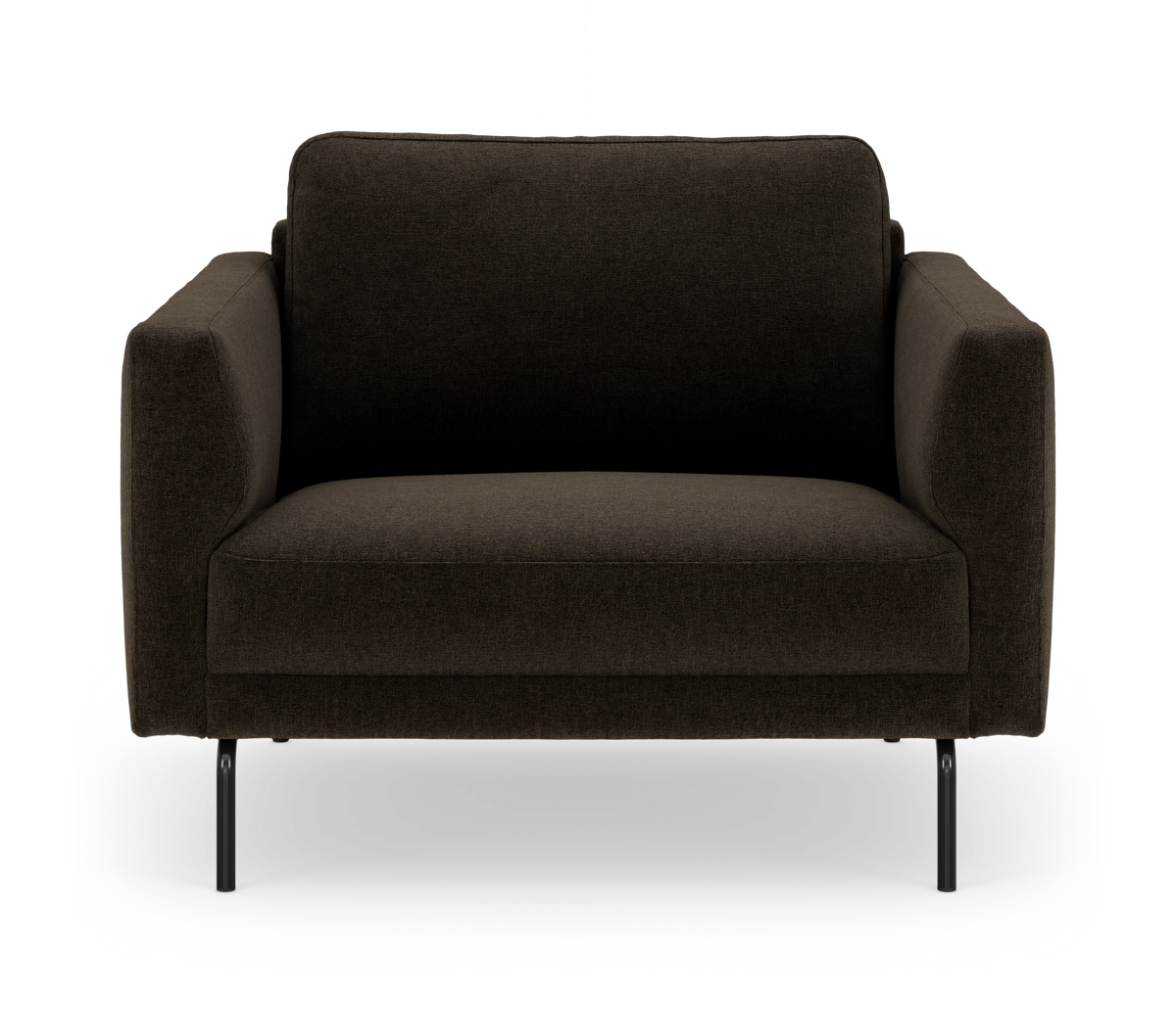 Mørkebrun 2‑personers stofsofa med slanke sorte ben, frontvisning, frilagt på hvid baggrund.