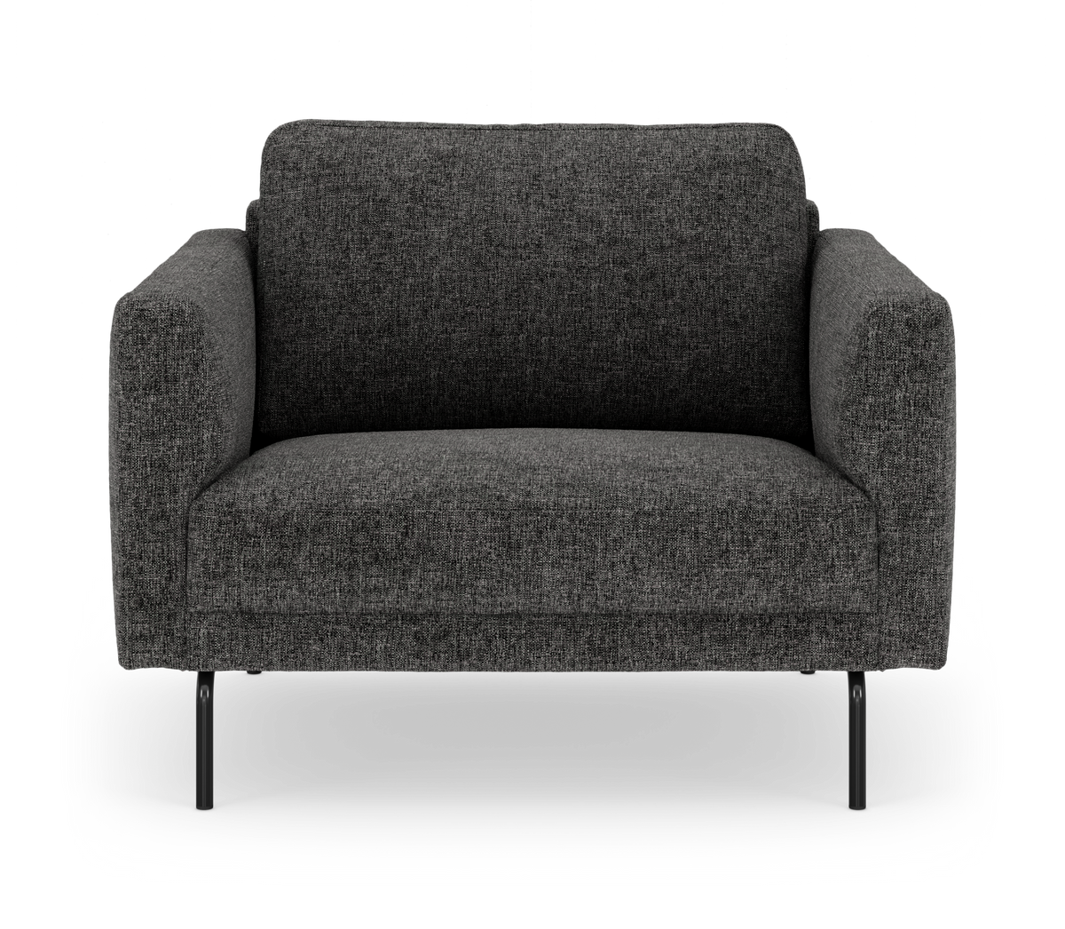 Mørkegrå 2-personers stofsofa med slanke sorte ben, set forfra.