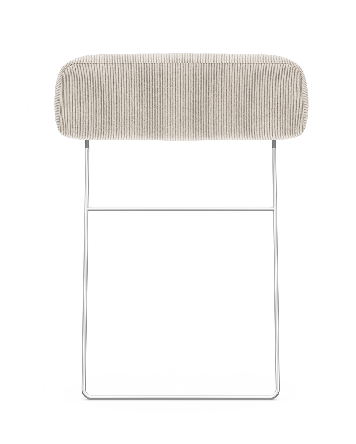 Beige polstret bænk/puf med afrundet, riflet sæde og krom slædebase, set forfra på hvid baggrund.