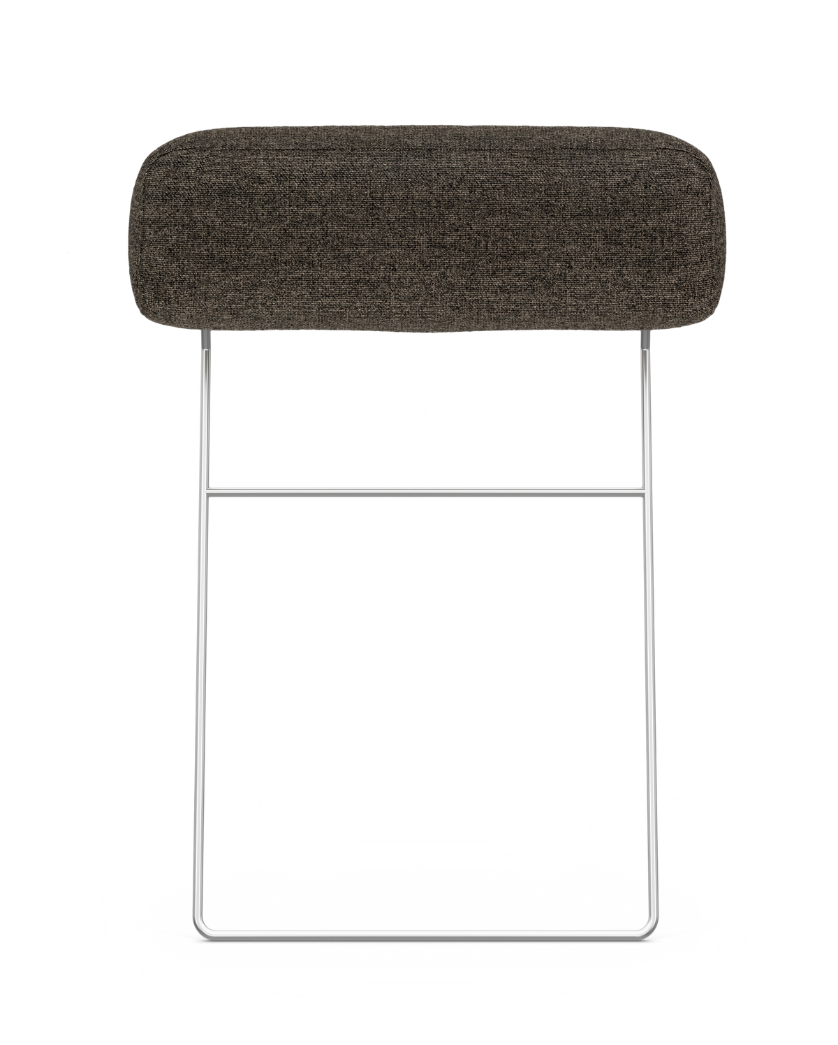 Minimalistisk skammel med mørkegråt, aflange polstret sæde og krom slædeben, frilagt på hvid baggrund.