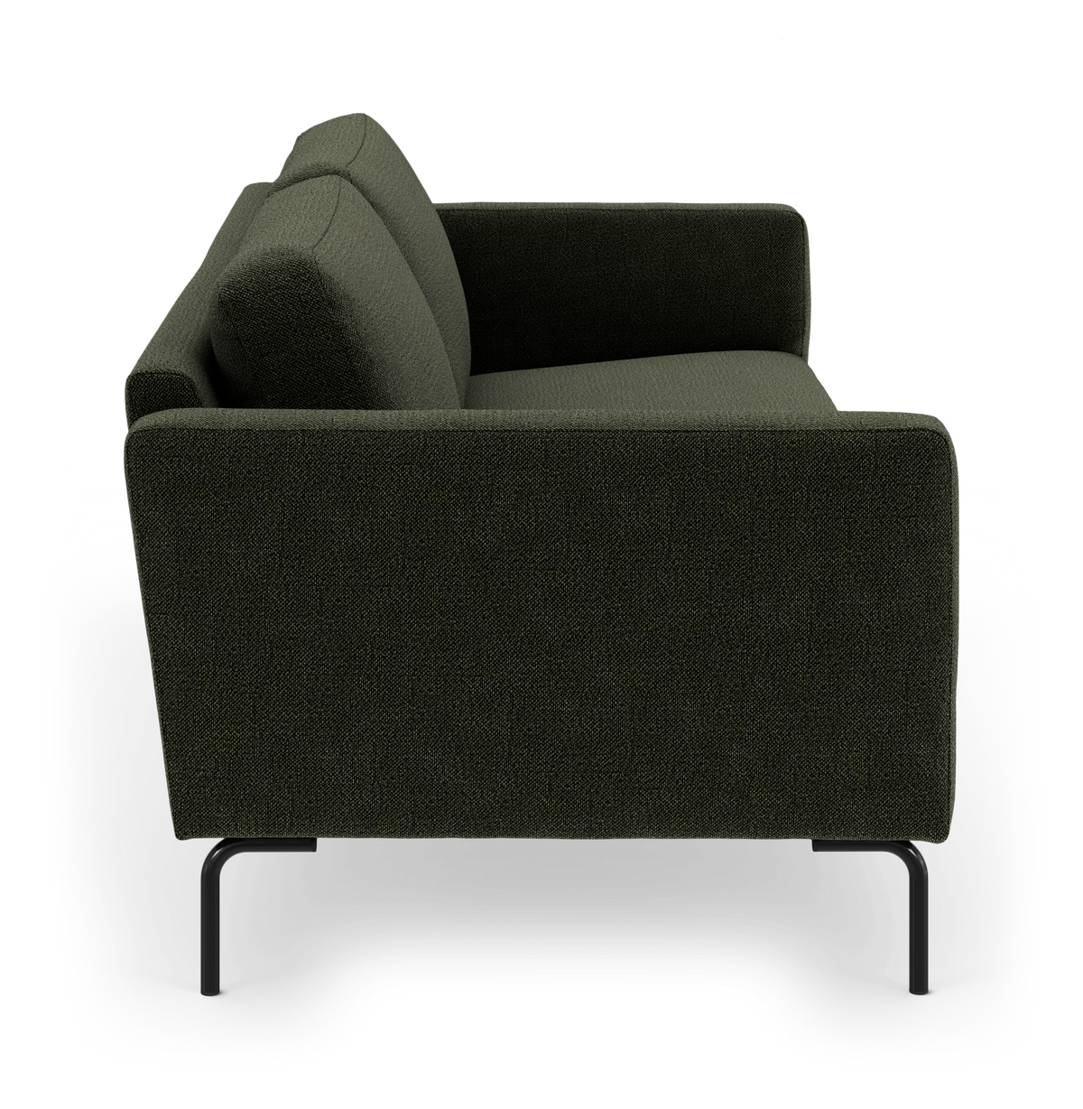 Mørkegrøn sofa i sidevisning med sorte metalben, fritlagt på hvid baggrund.
