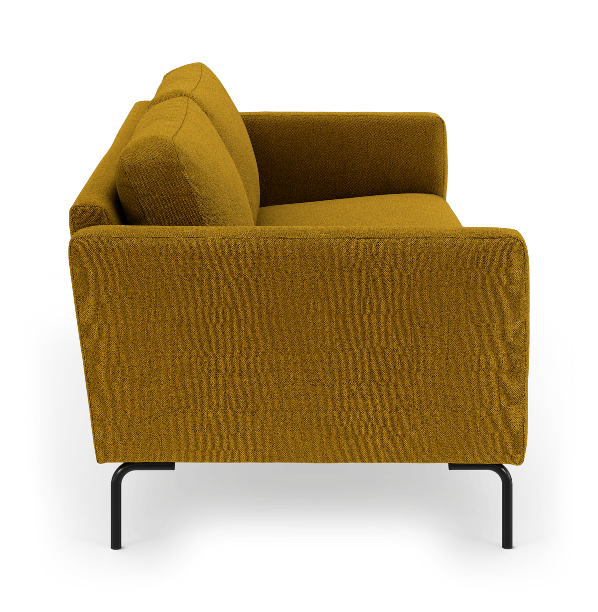 Sofa i sennepsgul stof med sorte metalben, sideview.