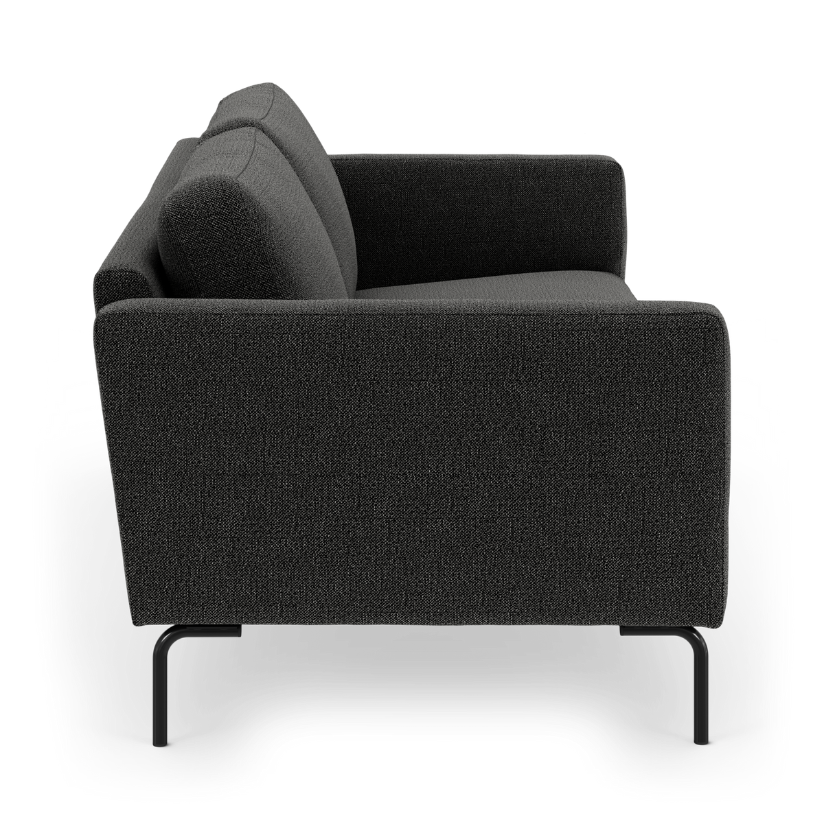Mørkegrå stofsofa set fra siden med høje sorte metalben.