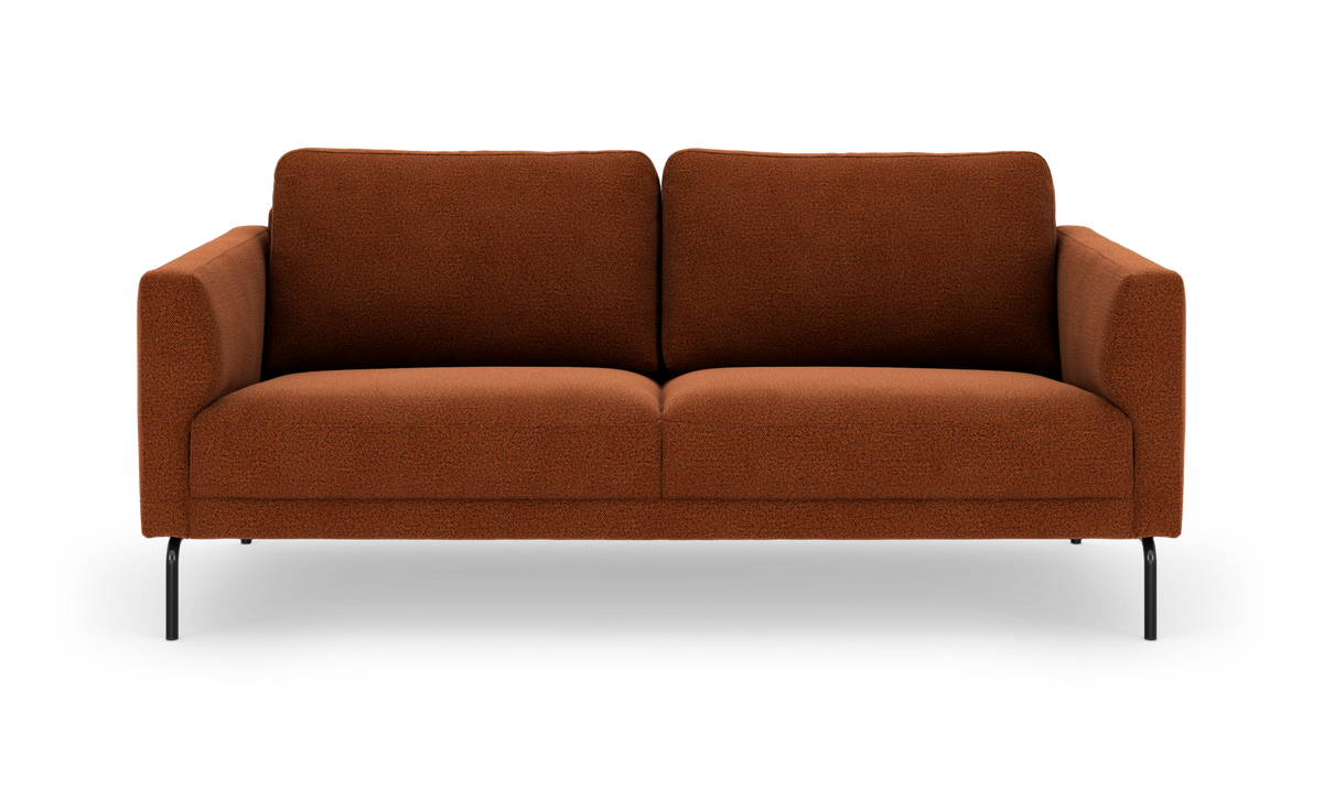 Rustfarvet moderne 2‑personers sofa med bløde hynder og slanke sorte ben, frilagt på hvid baggrund.