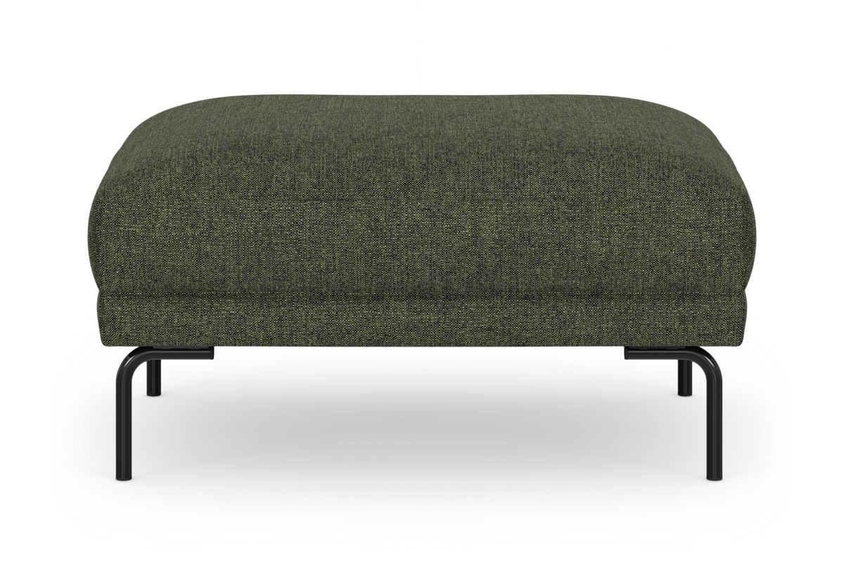 Grøn polstret ottoman/fodskammel med sorte metalben, set forfra.