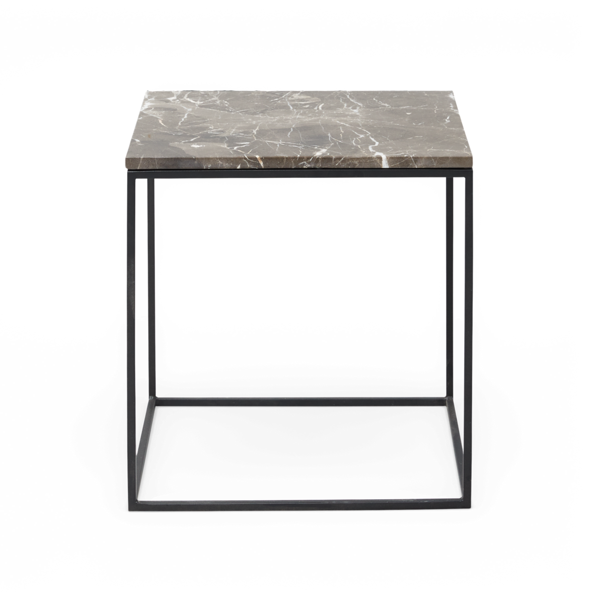 Kvadratisk sidebord med brungrå marmorplade og sort metalstel.