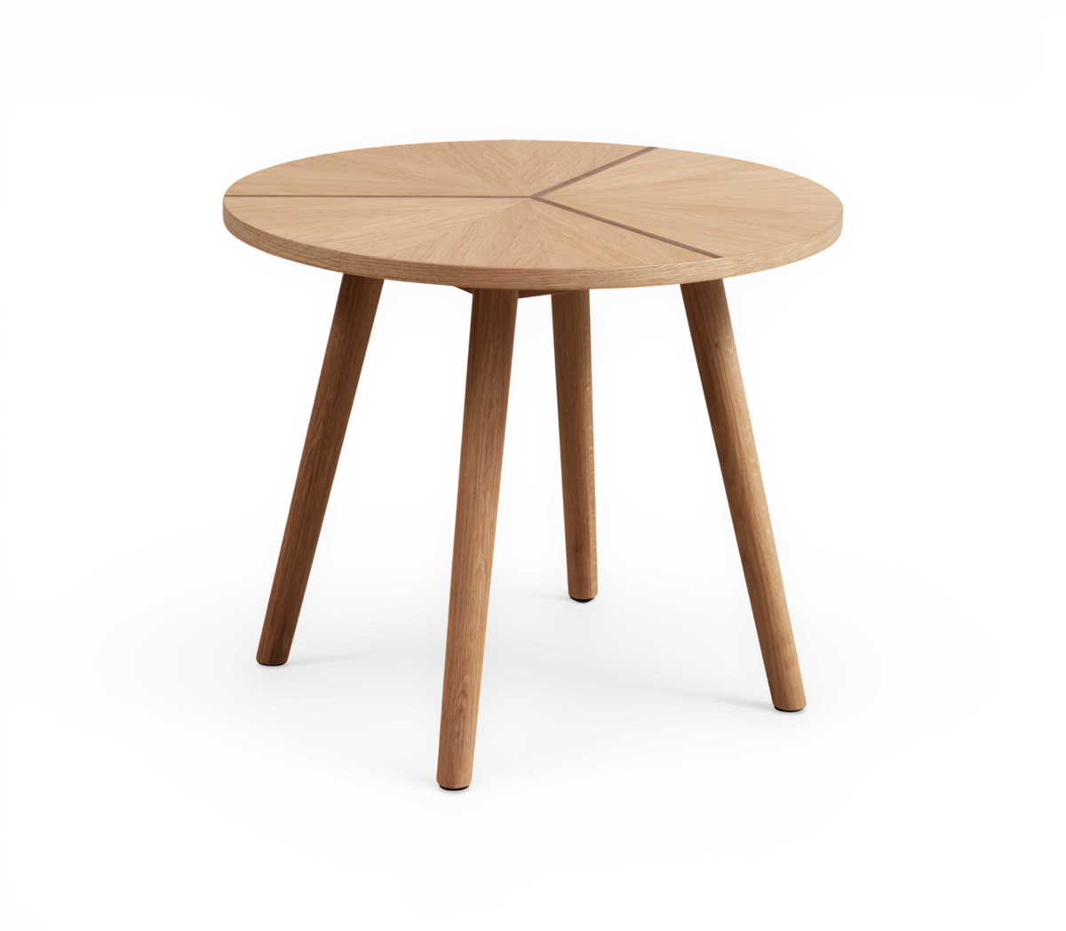 Rundt sidebord i eg med geometrisk finérmønster på bordpladen og fire skrå ben.