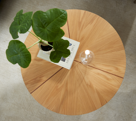 Rundt sofabord i lys egetræsfiner med radiært mønster, en grøn potteplante, en glaslysestage og bogen ”LIVE BEAUTIFUL” ovenpå.