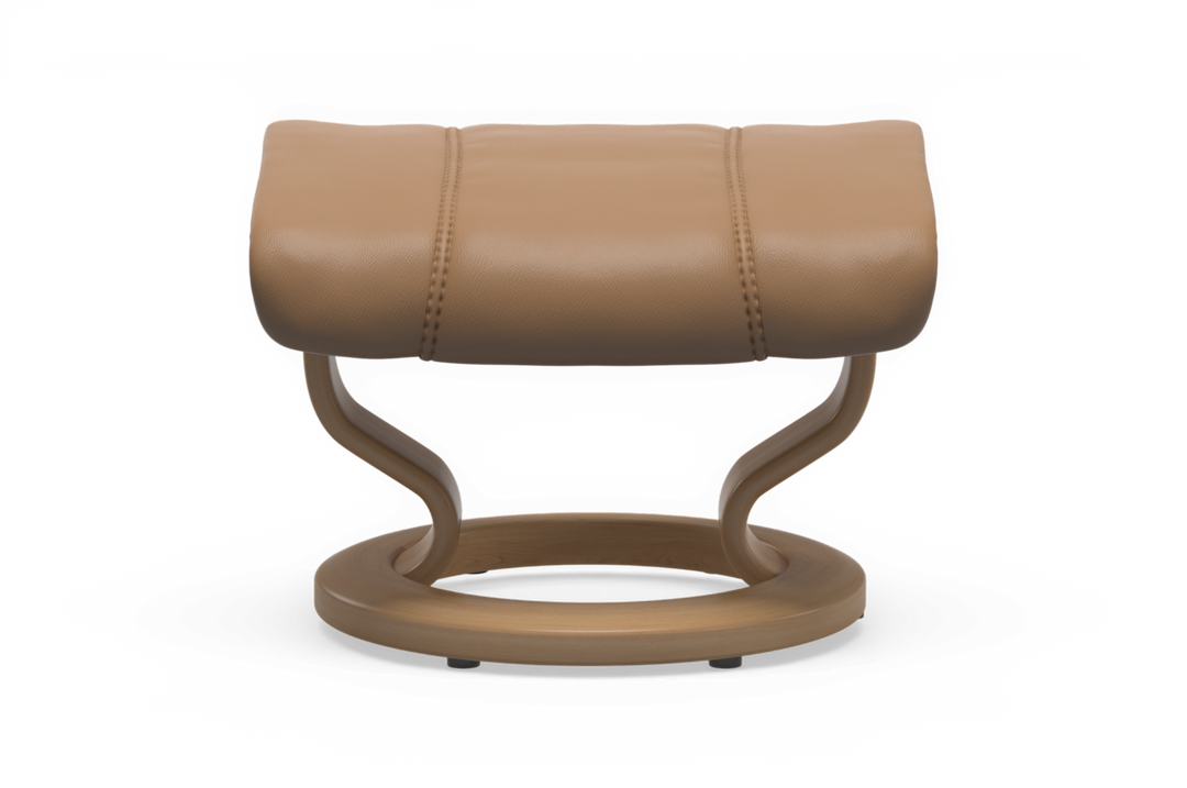 Beige læderfodskammel med rund træbase og blød polstring i moderne design.