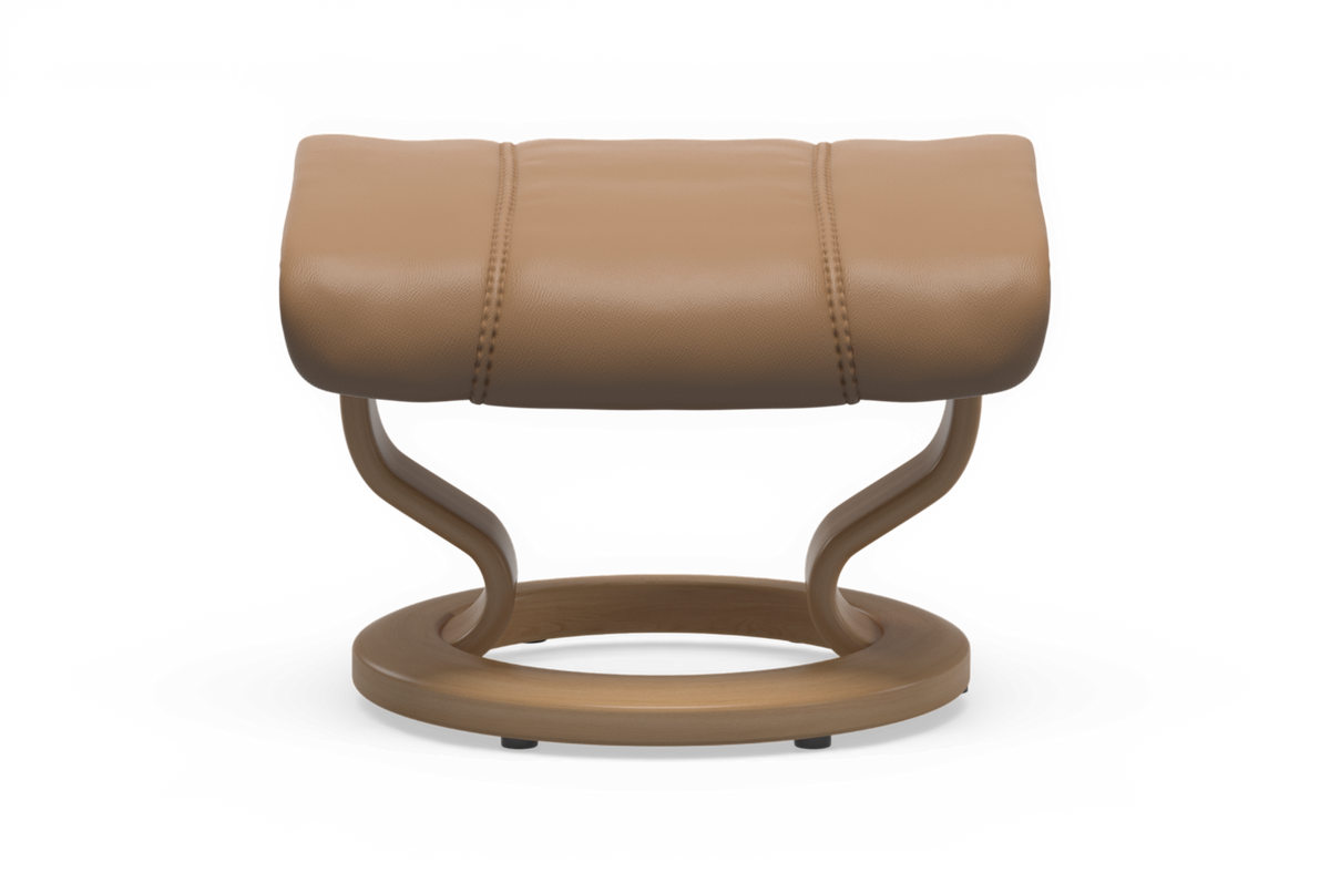 Beige læderfodskammel med rund træbase og blød polstring i moderne design.