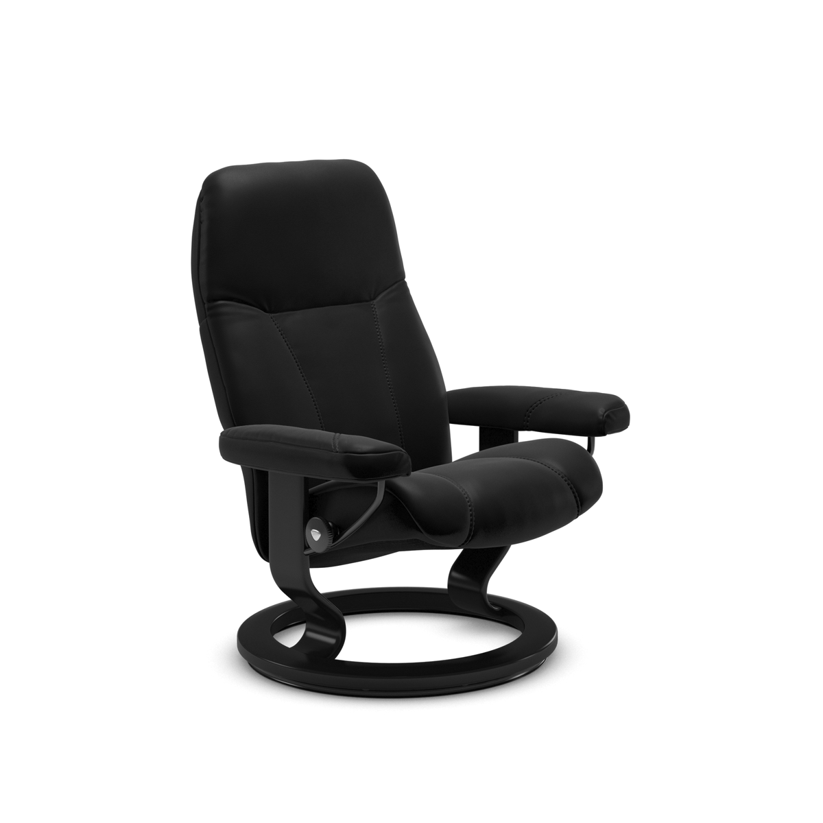 Sort recliner lænestol med rund drejefod på hvid baggrund.