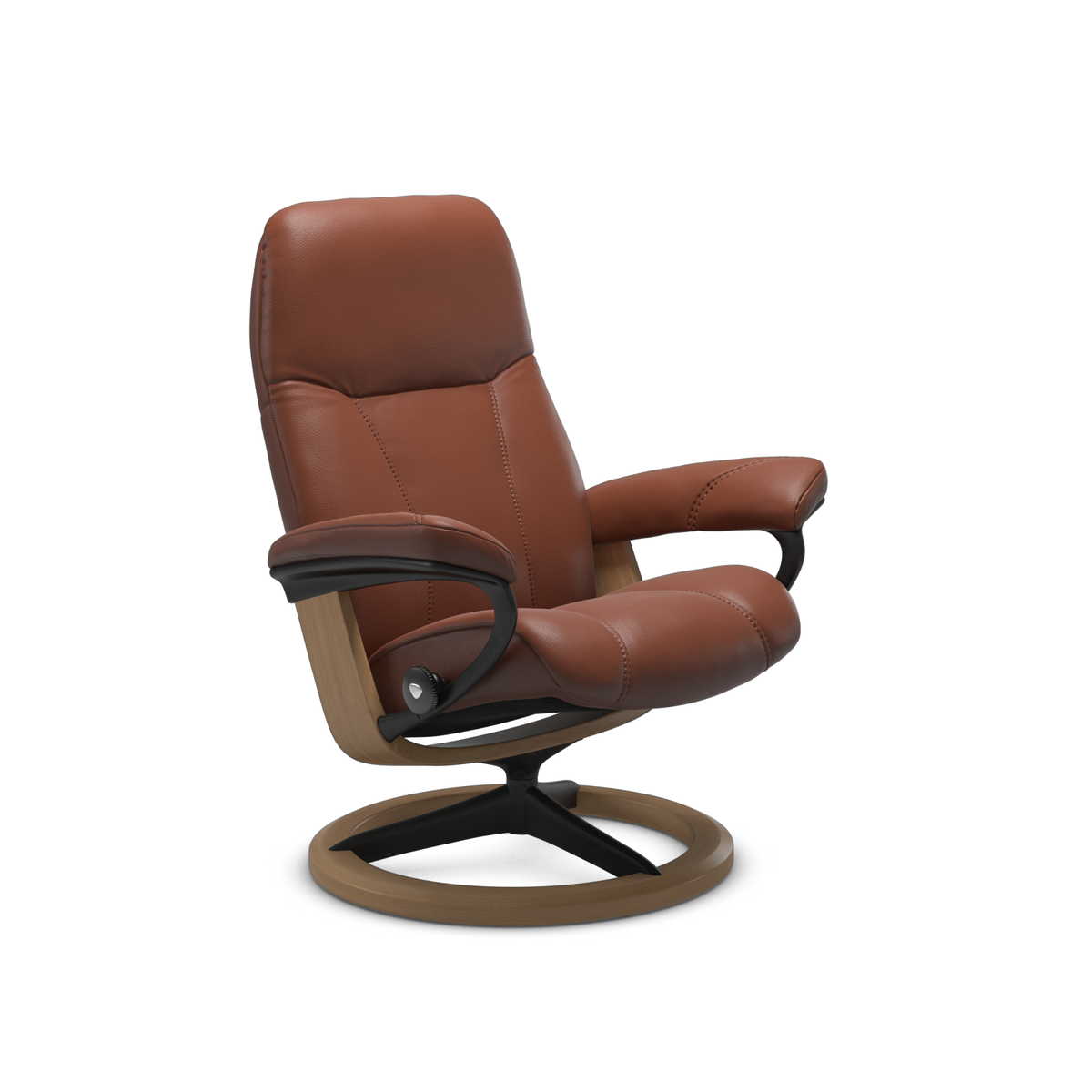 Brun læderlænestol med rund træfod i trekvart vinkel, moderne recliner.