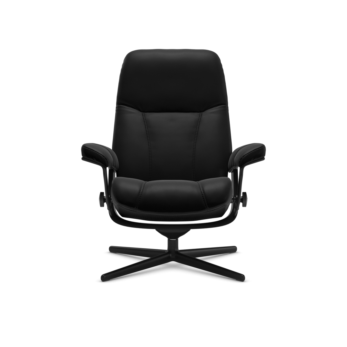 Sort modern loungestol med armlæn og drejefod, frilagt på transparent baggrund.