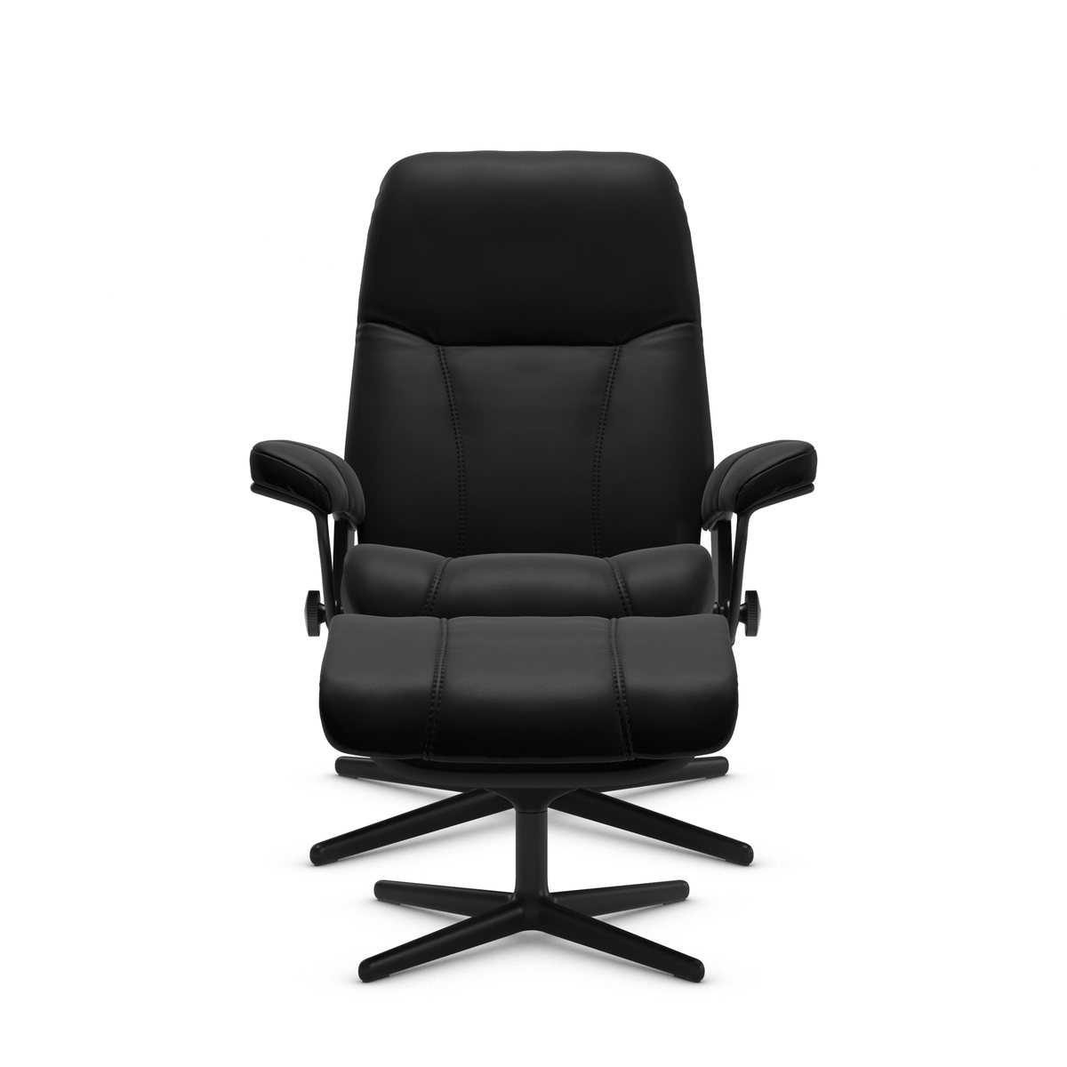 Sort læder reclinerstol med krydsfod, frilagt på hvid baggrund.