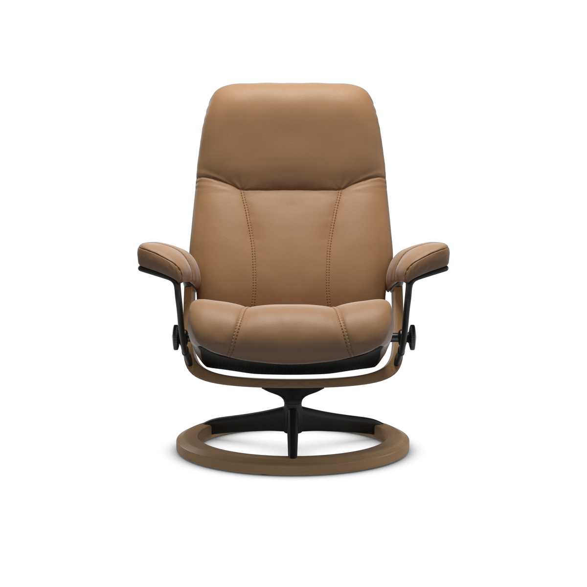 Brun/beige læderlænestol med armlæn på rund drejefod, set forfra og frilagt.