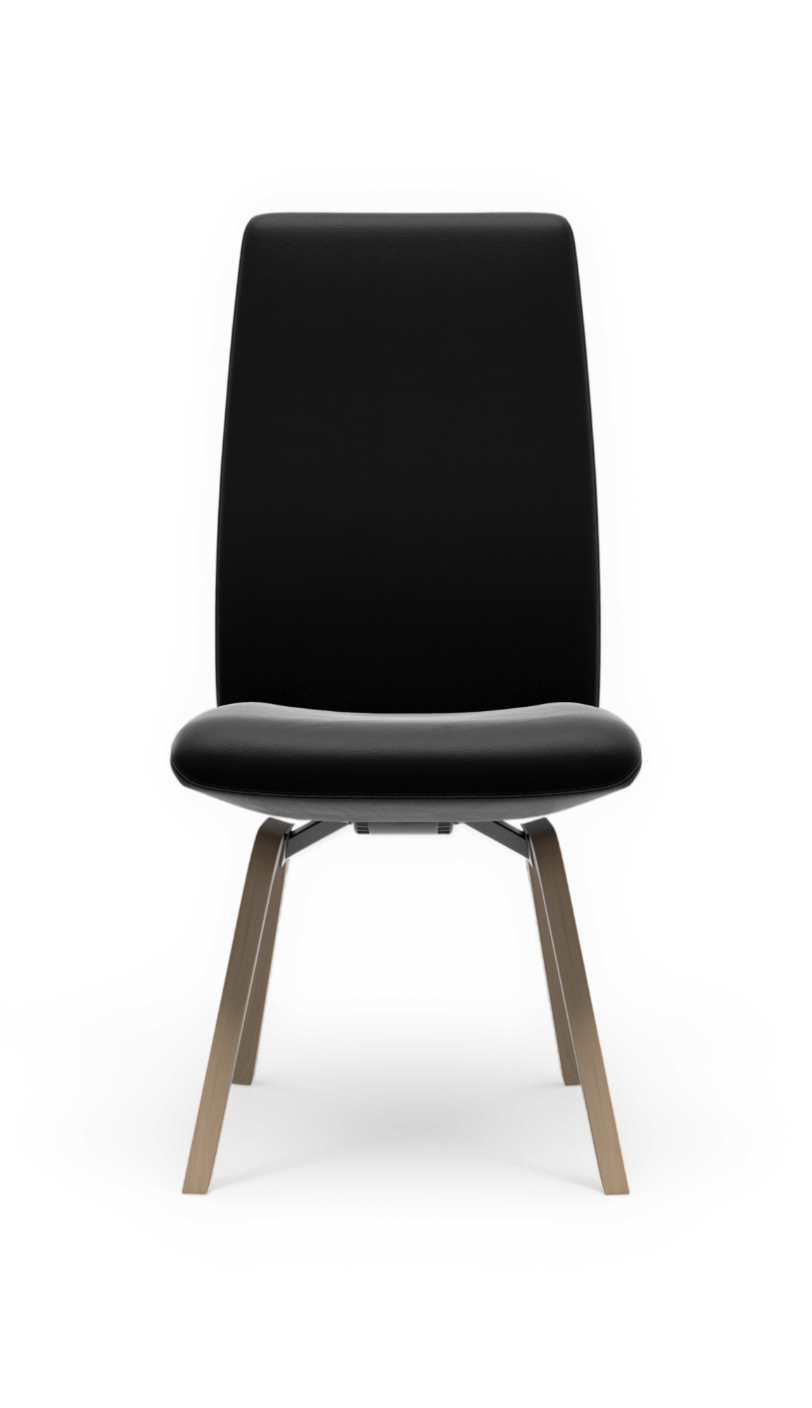 Sort stol med polstret sæde og ryg og skråtstillede træben i egetone, fritlagt forfra.