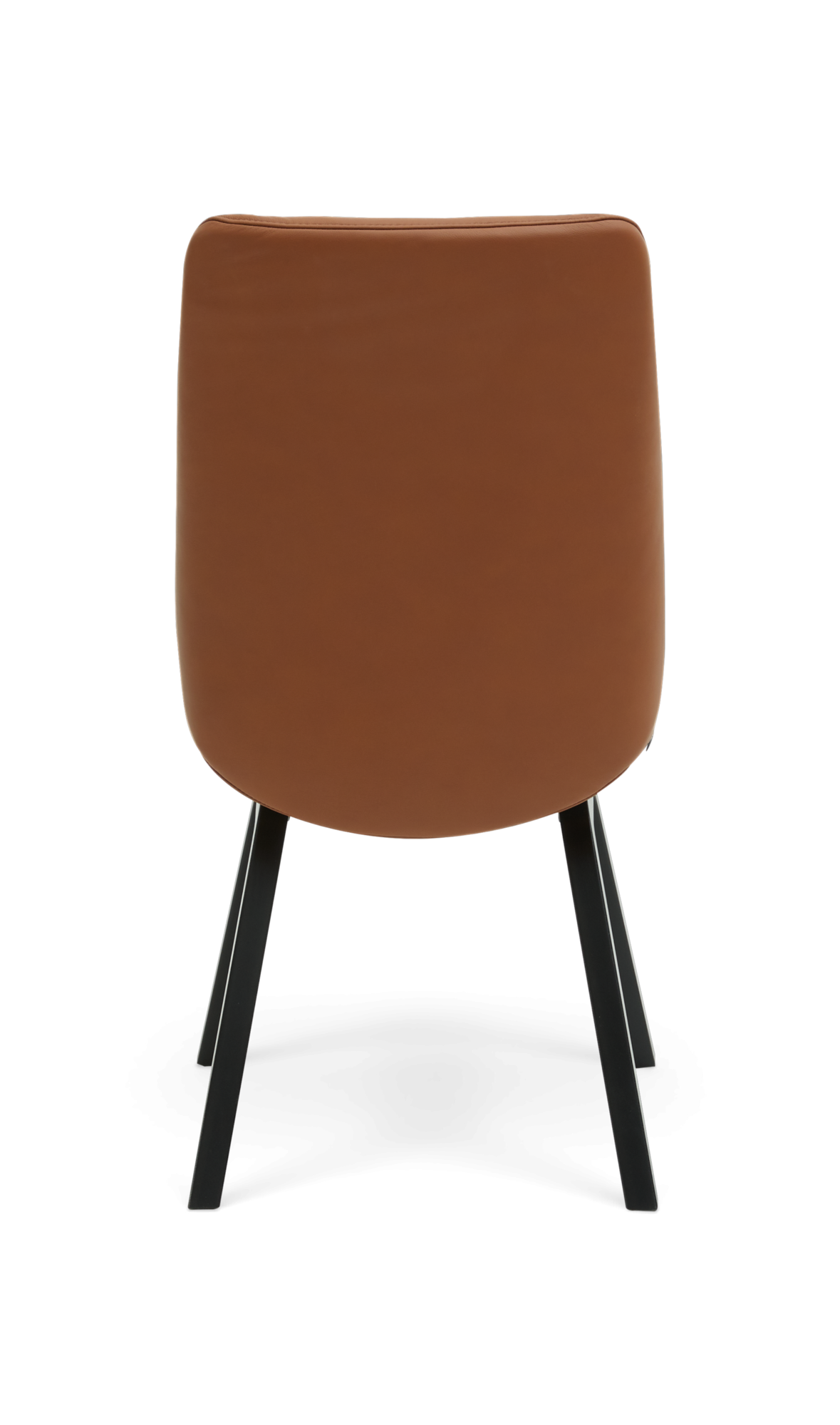 Brun stol med sorte metalben, set bagfra på hvid baggrund.