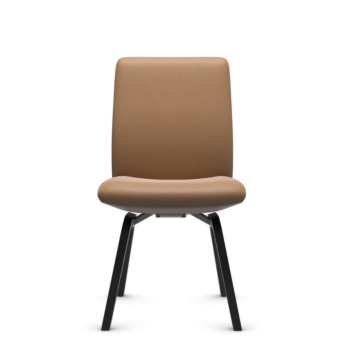 Beige polstret spisebordsstol med sorte træben, frontvisning på neutral baggrund.
