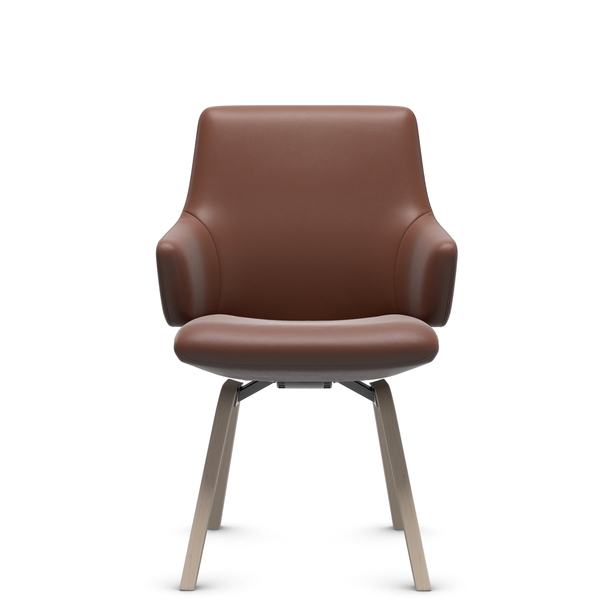 Brun polstret lænestol med træben set forfra i studioly s; moderne, minimalistisk design.