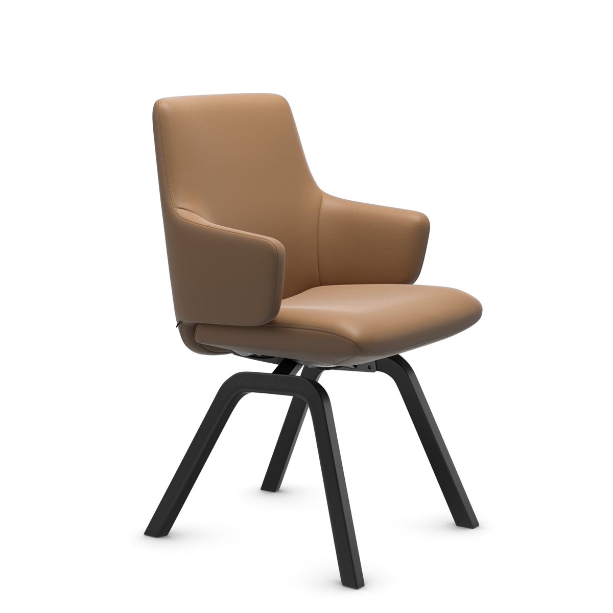 Moderne læderstol med armlæn i beige med sorte, vinklede ben, frilagt på transparent baggrund.