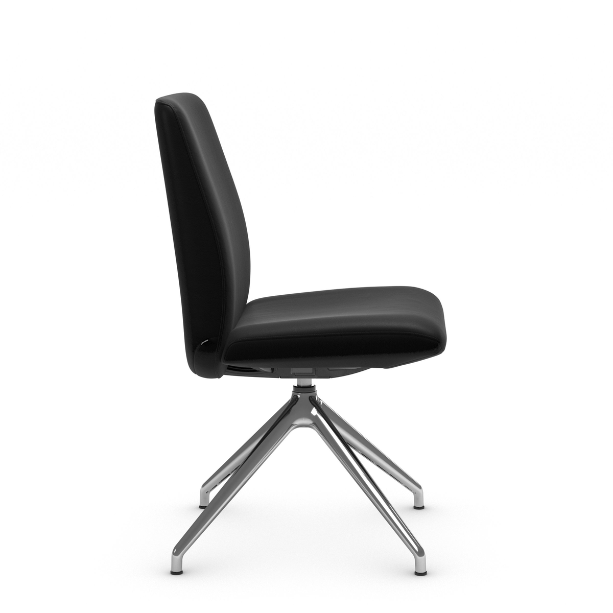 Sort moderne stol med metalben, set fra siden mod hvid baggrund.