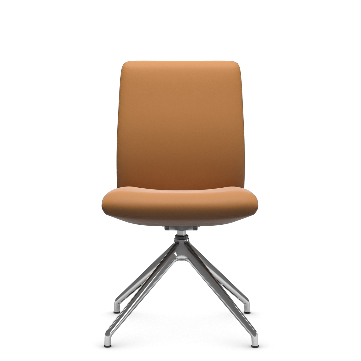 Front: beige polstret stol med firebenet metalstel, fritlagt.