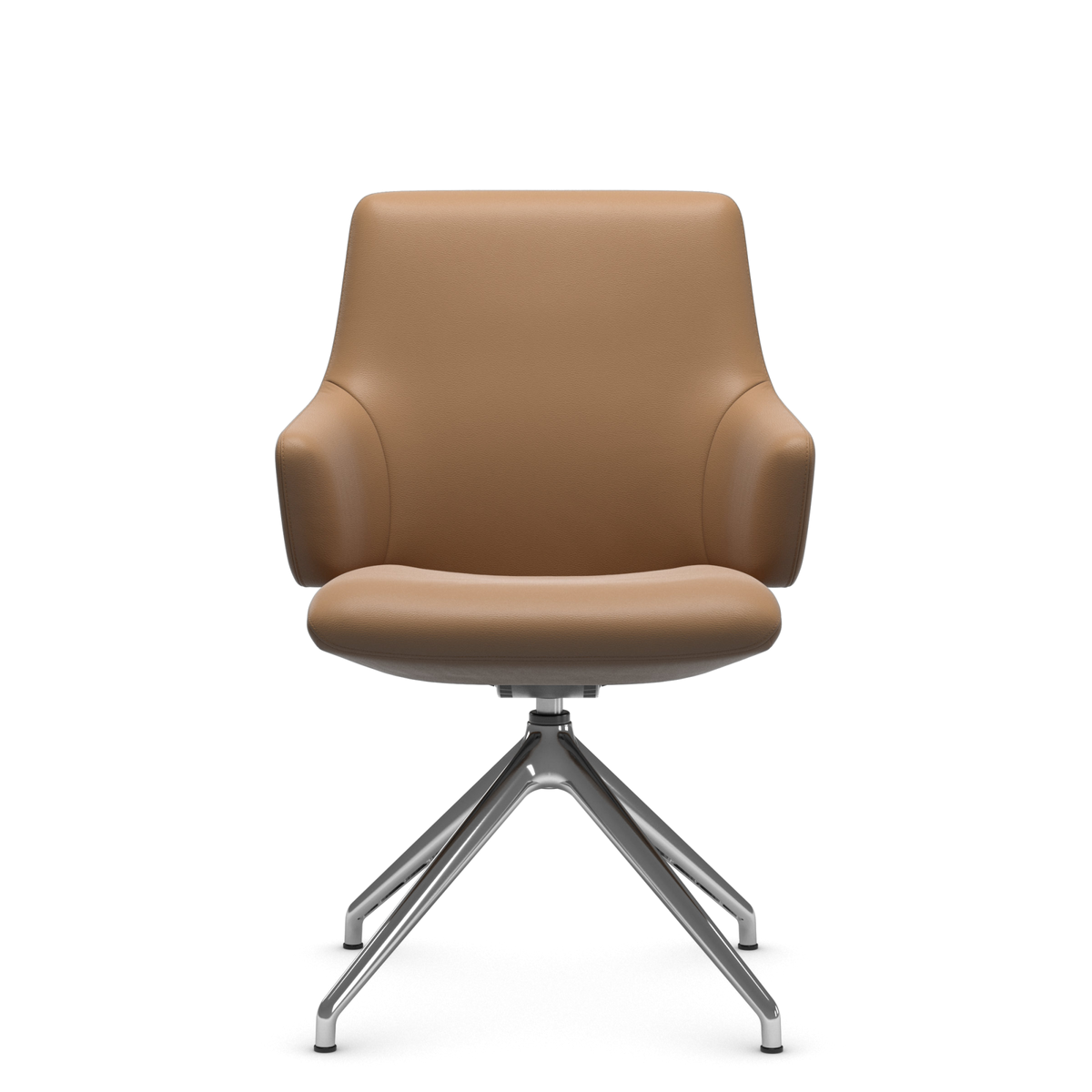 Brun moderne loungestol med krydsformet metalfod, frilagt mod hvid baggrund.