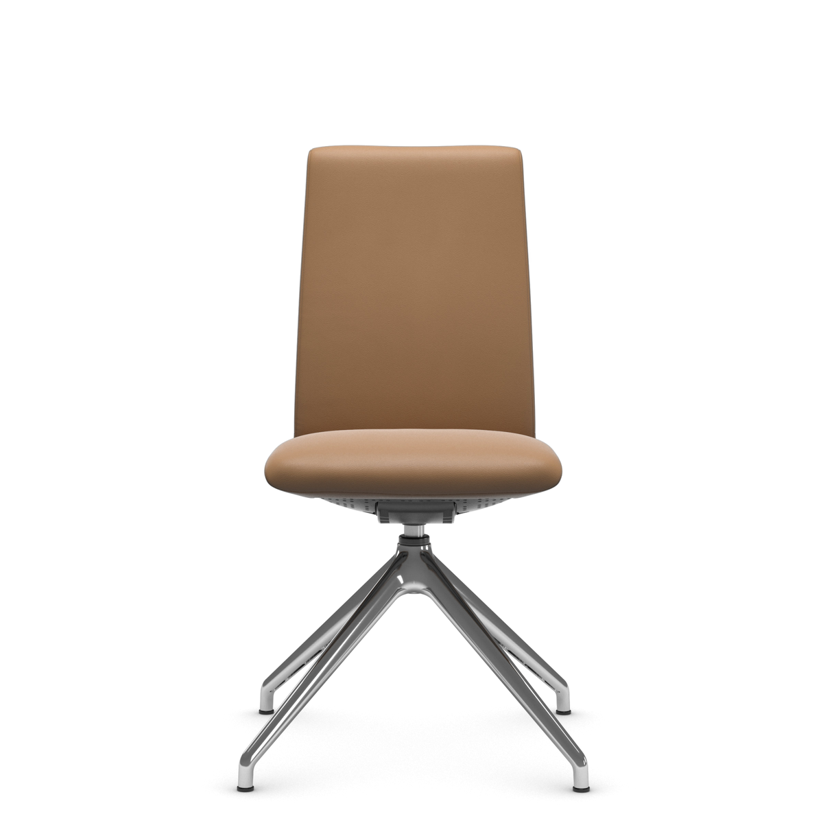 Moderne stol med beige polstring og firbenet metalstel, frontvisning på hvid baggrund.