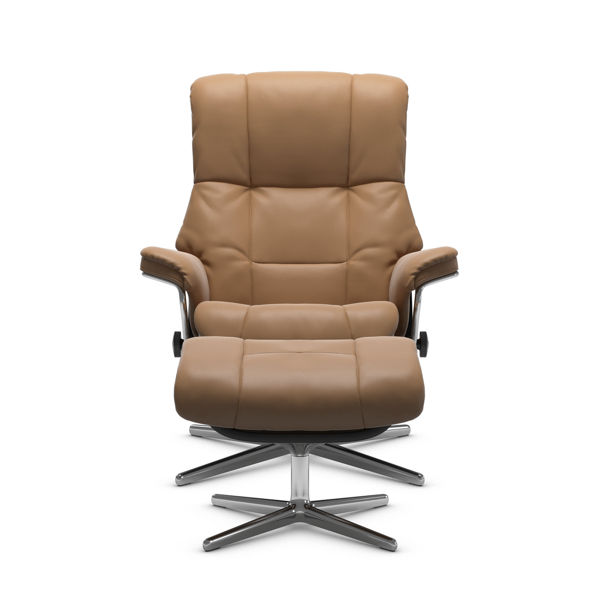 Frilagt frontvisning af en beige læderlænestol/recliner med udfoldet fodstøtte og krom drejekryds på hvid baggrund.