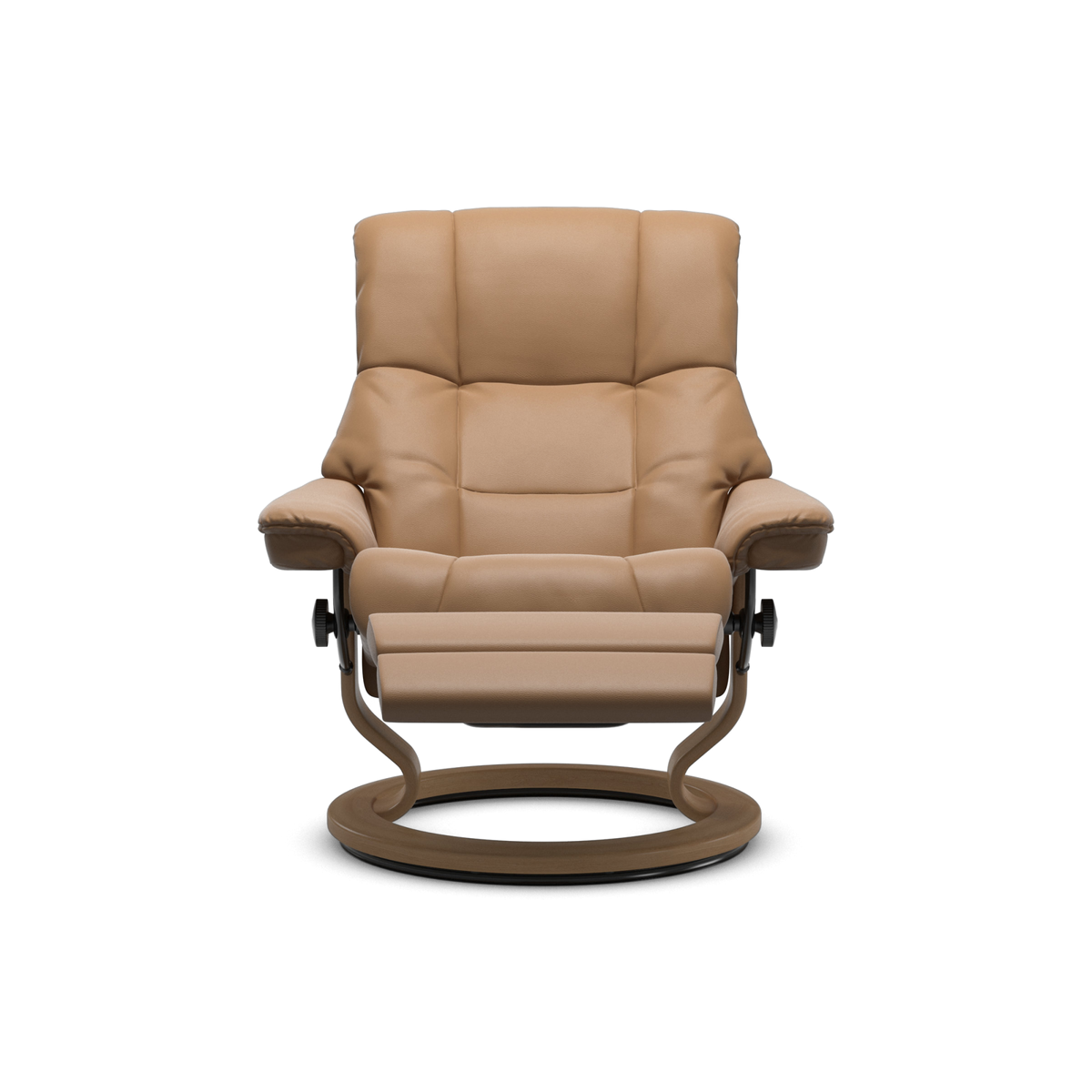 Beige læderlænestol med rund drejefod og recline-funktion, frontvisning.